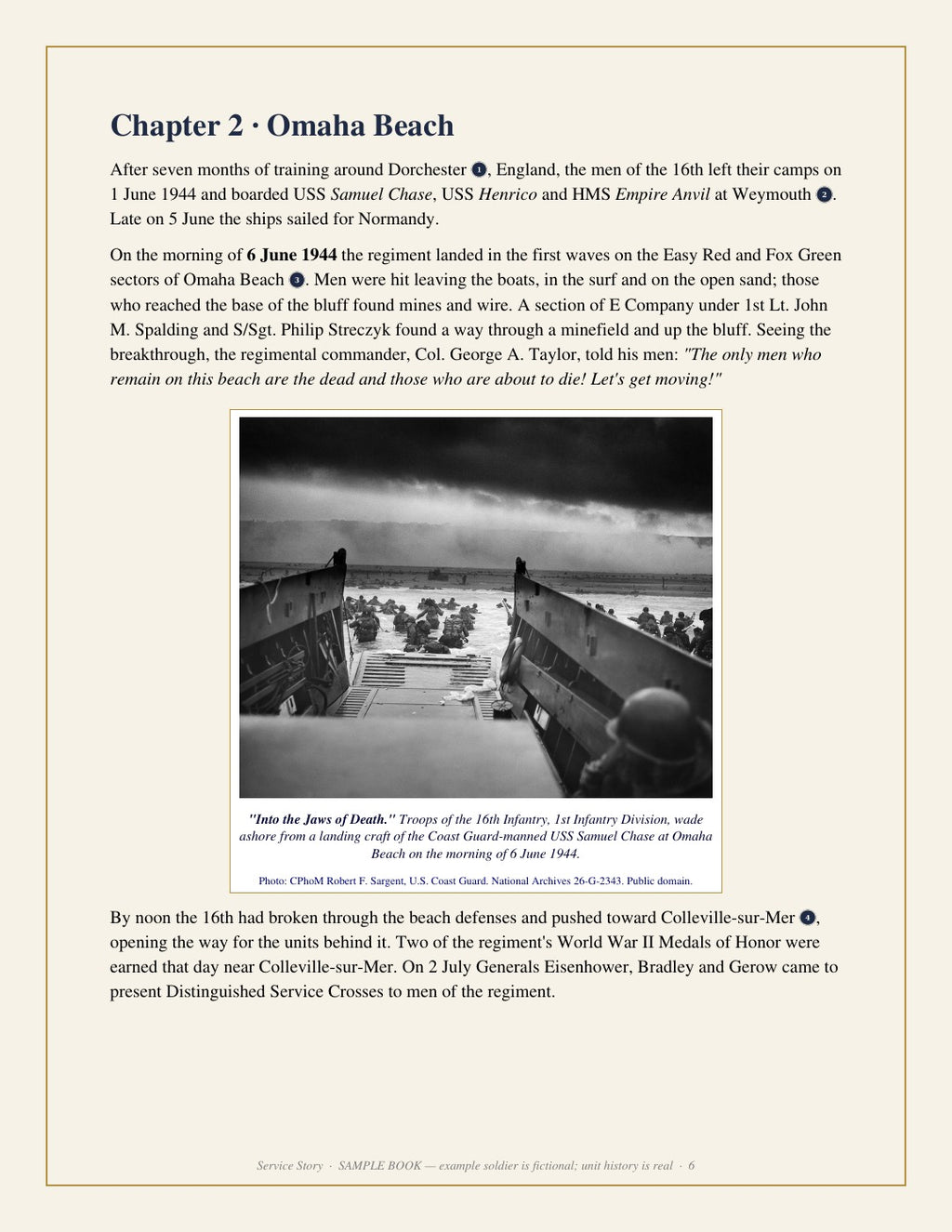Sample page: Omaha Beach chapter with archive photos