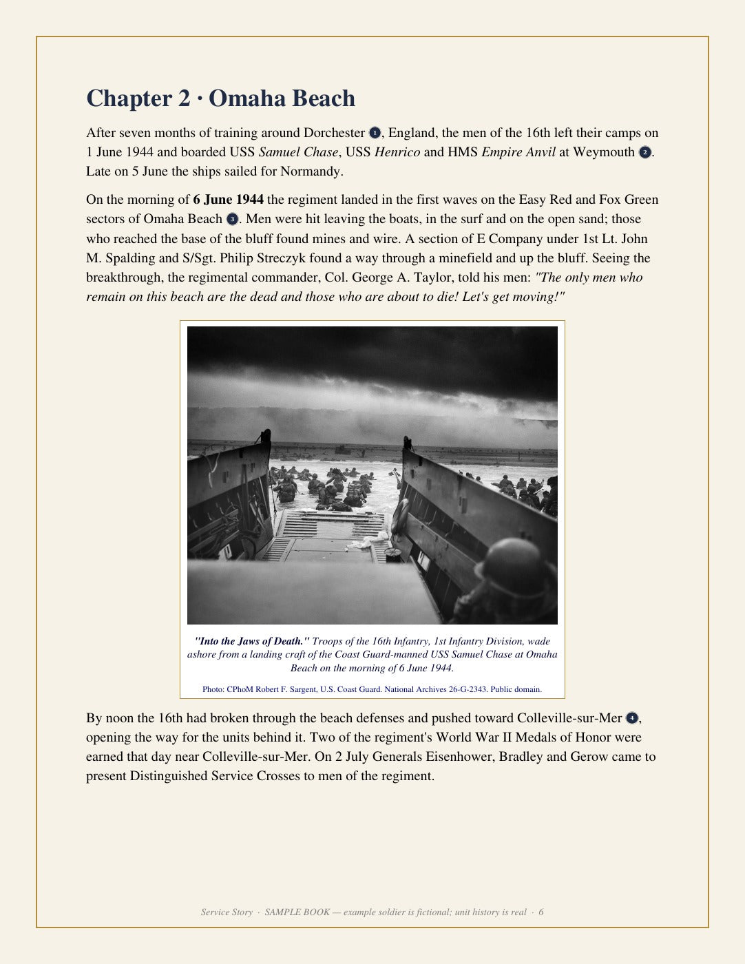 Sample page: Omaha Beach chapter with archive photos